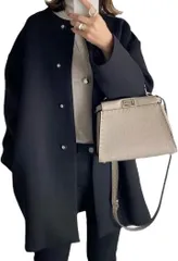 AQUA Marine レディース ノーカラーコート シンプル 大人カジュアル 上質デザイン 冬のトレンドアウター 軽量 着まわし自由 (ブラック,  L)