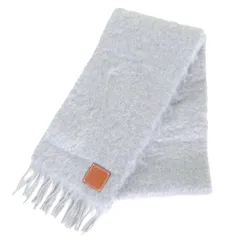 極美品△LOEWE ロエベ 0010689487 モヘア ウール アナグラムロゴレザーパッチ フリンジ ロング マフラー ライトグレー スペイン製 正規品 レディース