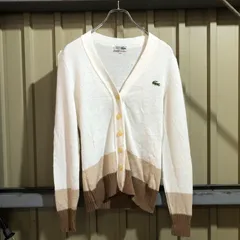 645 LACOSTE カーディガン ホワイト ブラウン M〜L ラコステ ニット セーター ワンポイント 刺繍ロゴ 古着卸 アメリカ仕入