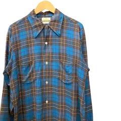 70s ビンテージ GRANELLA オープンカラー チェック柄 レーヨンシャツ M ブルー系 70年代 vintage チェックシャツ