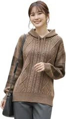 ONE UMB(ワン アンブ) ニットパーカー レディース 長袖 セーター トップス チェック柄 秋 プルオーバー ケーブル編み チェック袖 可愛い フリーサイズ (ブラウン,  Free Size)