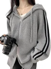 ONE UMB(ワン アンブ) ニットパーカー レディース ゆったり ダブルジップ カーディガン 大きいサイズ 厚手 オーバーサイズ フード付き 春 (グレー,  M)