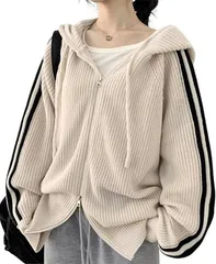 ONE UMB(ワン アンブ) ニットパーカー レディース ゆったり ダブルジップ カーディガン 大きいサイズ 厚手 オーバーサイズ フード付き 春 (ベージュ,  L)