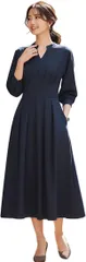 ONE UMB(ワン アンブ) vネック ワンピース ロング 長袖 レディース 春ワンピース 入学式 オフィスカジュアル パーティードレス タイトワンピース (ネイビー,  L)