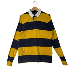 TOMMY HILFIGER トミーヒルフィガー CUSTOM FIT ラガーシャツ ボーダー 長袖 シャツ ロンT ワンポイント刺繡 インド製 Mサイズ イエロー ネイビー