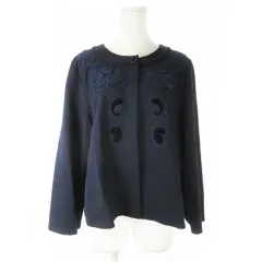 ヒロコビス HIROKO BIS ノーカラージャケット ストレッチ ベロア 刺繍 ペイズリー柄 大きいサイズ 13AB 紺 ネイビー /AO23 ■GY44