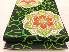 平和屋着物◎六通柄袋帯　唐織　正倉院花文　黒地　金糸　正絹　逸品　BAAV4669yc