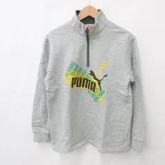 プーマ PUMA スポーツ トレーナー ハーフジップ スタンドカラー プリント 刺繍 スウェット 裏起毛 綿 グレー 緑 グリーン 160