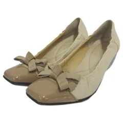 ダイアナウェルフィット DIANA WELLFIT パンプス クエアトゥ リボン レザー エナメル切替え ウェッジソール 日本製 ベージュ ブラウン 茶 21.5