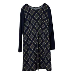 RE230 TABASA タバサ チェック柄ワンピース チュニック カットソー 異素材切り替え 長袖 ネイビー系 レディース 36サイズ