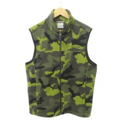 コロンビア Columbia 美品 ベスト フリース 迷彩柄 ロゴ ハイネック ジップアップ 厚手 Lサイズ 緑 グリーン ■YHS5