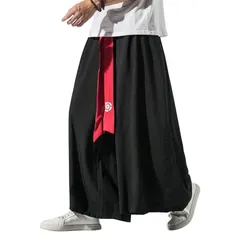 【新品】 [KOGARASI] ワイドパンツ 袴パンツ メンズ ガチョウパンツ ゆったり ベルト付き 和柄 無地 麻 和式ズボン サルエル ビッグシルエット 黒 ブラック 衣装 大きいサイズ ルームウェア オールシーズン ゆるゆる 男女兼用 0