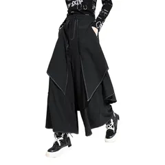 【新品】 [モリノー] レイヤード 風 ワイドパンツ レディース メンズ ユニセックス アシンメトリー 変形 切り替え デザイン ドレープ 個性的 v系 モード系 黒 【2025 はベルトループ追加】 XL 1