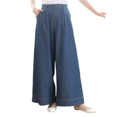 【新品】 [ハッピー ホヌ] デニム ワイド パンツ ボトムス ロング 大きいサイズ 4L ネイビー ウエスト ゴム ガウチョ フレア ロング丈 0