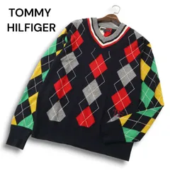 TOMMY HILFIGER トミーヒルフィガー 秋冬 ロゴ刺繍★ アーガイル柄 ウール Vネック ニット セーター Sz.L メンズ