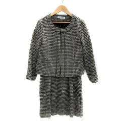 ナチュラルビューティーベーシック NATURAL BEAUTY BASIC セットアップ 上下 ノーカラージャケット ショート丈 チェック柄 ツイード ワンピース ミニ丈 長袖 ラウンドネック 切替 S マルチカラー 黒 ブラック /YS19