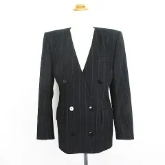 プライベートレーベル Private label ノーカラージャケット ブレザー 長袖 ダブル ストライプ 総裏 レトロ ウール M ダークネイビー ※EKMのサムネイル