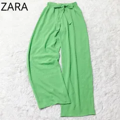 ザラ　ワイドパンツ　ハイウエスト　ウエストリボン　ドローストリング　ポリエステル100%  カジュアル　華やか　エレガント　グリーン
