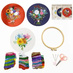 刺繍キット 刺繍糸 刺繍枠 刺繍針 DIY クロスステッチ 初心者 セット 花 フランス刺繍 英語説明書付き(3セット)