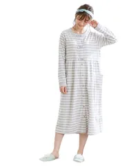 [ニッセン] マタニティ パジャマ ルーム ワンピース ネグリジェ 前開き 長袖 産前 産後 授乳服 綿混 パイル ボーダー リボン付 春 秋