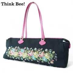 Think Bee! シンクビー ミニボストン ハンドバッグ トートバッグ ゴブラン織り 刺繍 ビーズ スパンコール キャンバス レザー 切り替え 黒 ブラック ピンク レディース