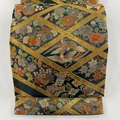 【美品】 袋帯 秀品 花蝶 鳥 箔 灰緑 六通 正絹 【中古】