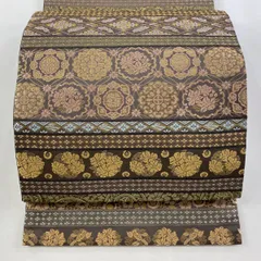 【美品】 袋帯 名品 落款 華文 草花 刺繍 箔 灰紫 六通 正絹 【中古】