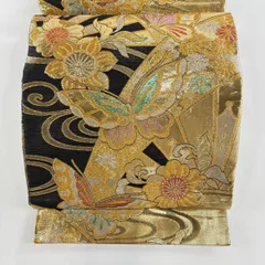 【美品】 袋帯 秀品 振袖向き 蝶 流水 箔 金銀糸 金色 六通 正絹 【中古】