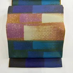 【美品】 袋帯 秀品 幾何学模様 青緑 全通 正絹 【中古】