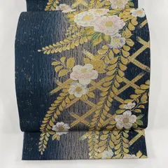 【美品】 袋帯 秀品 振袖向き 草花 金銀糸 箔 青緑 六通 正絹 【中古】