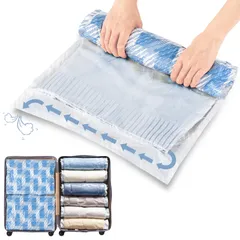 新品 圧縮袋 旅行 衣類圧縮袋 手巻き 真空あっしゅくバッグ 衣類収納 下着 ふとん ポンプ不要 押すだけ 省スペース 再利用可能 小物収納 家庭用 引越し 出張 修学 旅行用 Lサイズ40 x 60 cm XLサイズ45 x 70 cm 12枚入 ブルー