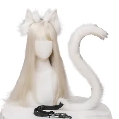 新品 キツネ ねこ 仮装 ハロウィン しっぽ 耳+しっぽセット 黒猫 白猫 コスプレ (ホワイト) カチューシャ 猫耳