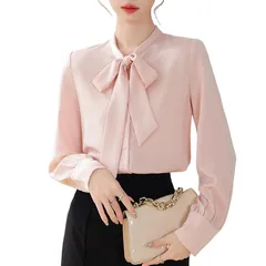 【新品】 [billevan] ボウタイ ブラウス レディース シャツ 長袖 半袖 シフォン リボン ボウタイ 爽やか トップス おしゃれ ラウス カジュアル オフィス 通勤 白 ゆったり 普段着 着痩せ 春 夏 (JP, アルファベット, S, 長袖ピン 1