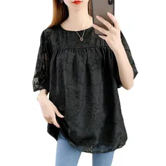 【新品】 [Augseed] ブラウス レディース シャツ レースブラウス 半袖 tシャツ シフォン おしゃれ トップス 大きいサイズ 夏 春 可愛い カジュアル 薄手 無地 ゆったり レース 花柄 透け感 裏地付 フリル カットソー フレア 五分袖 涼し 1