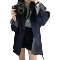 【新品】 [MlleeSSeeldyTRC] デニム シャツ レディース ブラウス 長袖 立ち襟 トップス ワイシャツ 無地 前開き アウター 韓国風 おしゃれ カジュアル ゆったり 大きいサイズ 通勤 オフィス 春 夏 秋 0