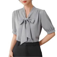 【新品】 [Ｂｏｌａｎ　Ｖｅｒｌ] 5色 シャツ ブラウス シフォン リボン タイ 半袖 きれいめ エレガント 夏 レディース とろみブラウス ピンク オフィス ボウタイVネック 春秋 無地 フォーマル OL 通勤 ビジネス グレー L 0