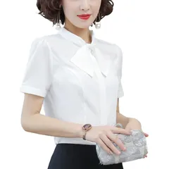 【新品】 [Ｂｏｌａｎ　Ｖｅｒｌ] スリム ブラウス 半袖 ボウタイ リボン シャツ 白 ホワイト レディース 夏服 トップス リボンタイ 夏 就活 面接 オフィス 通勤 事務服 ホワイト L 0