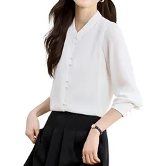 【新品】 [Ｂｏｌａｎ　Ｖｅｒｌ] ノーカラー シャツ ブラウス シフォン 長袖 レディース 白 トップス バンドカラー 開襟 オフィス 通勤 ビジネス きれいめ 春秋冬 ホワイト M 1