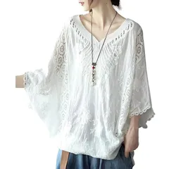 【新品】 [fyetemon] レディース 刺繍ブラウス 7分袖 透かしレース ゆったりトップス 綿麻風 チュニック風 シャツ 春夏 カジュアル カーディガン風 羽織り (ホワイト) 1