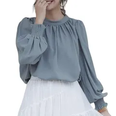 【新品】 [7-livehouse] ブラウス レディース 長袖 シャツ おしゃれ バルーン袖 トップス 立ち襟 シフォンシャツ 無地 上品 きれいめ パフスリーブ ギャザー フリル 爽やか ゆったり カジュアル 入学式 卒業式 オフィス 通勤 春 夏 秋 1