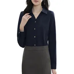 【新品】 [Bidason] シャツ ブラウス レディース ワイシャツ 長袖 Ｖネック トップス おしゃれ エレガント 襟付き 前開き ゆる感 着痩せ 無地 シンプル とろみワイシャツ カジュアル 通勤 秋 冬 春 0