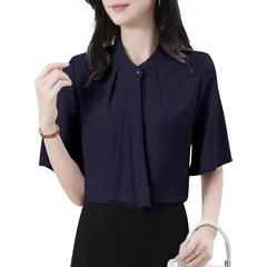 【新品】 [Yino] シャツ ブラウス レディース 半袖 ボウタイ ドレープ リボン 体型カバー 着?せ おしゃれ きれいめ 女性らしい 大人 可愛い 着回し力 カジュアル 通勤 OL お出掛け トップス 夏 0