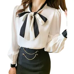 【新品】 [フェアリー ストーン] ブラウス シャツ トップス レディース 長袖 シフォン リボン ハイネック カジュアル フォーマル B-23 (ホワイト, M) 1