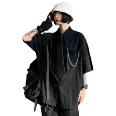 【新品】 [BEIBANG]シャツ レディース ゆったり 半袖 ブラウス ネクタイ付き 無地 ビッグシルエット オーバーサイズ 韓国 カジュアルシャツ 夏 ワイシャツ 原宿系 ユニセックス(Free Sizeブラック) 1