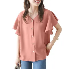 【新品】 [SeiunAn] ブラウス レディース シャツ 半袖 トップス 夏 tシャツ カットソー Vネック フリル フレア袖 前開き 夏服 ゆったり おしゃれ きれいめ オフィスカジュアル OL 通勤 ファッション 無地 かわいい 大人 韓国 上品 涼 1
