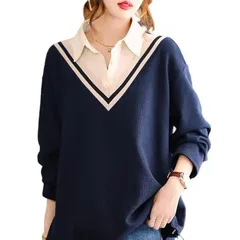 【新品】 [Ｈ．ｚｒｏｙ] ブラウス レディース トップス 長袖 シャツ 折り襟 プルオーバー Vネック 切り替え フェイクレイヤード 上着 ゆったり 体型カバー おしゃれ ポロシャツ 春 秋 カジュアル 大人 0