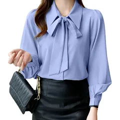 【新品】 [Augseed] シャツ レディース ブラウス ボウタイブラウス 長袖 おしゃれ トップス 大きいサイズ シフォン 秋服 襟付き リボン フォーマル オフィスカジュアル ワイシャツ 制服 事務服 通勤 入学式 卒園式 薄手 パフスリーブ 秋 冬 1