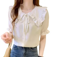 【新品】 [ブブ オーハナ] ブラウス フリル 襟 セーラー カラー 半袖 パフ スリーブ 結び リボン 付き 無地 シャツ レディース 女性 用 春 夏 秋 服 前 開き 重ね着 レイヤード オフィス カジュアル ホワイト (JP, アルファベット, X 0