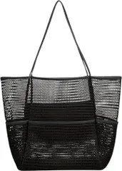 Lakeruta メッシュ トート バッグ 大容量 軽量 折りたたみ 多機能 ビーチ レディース ショルダー 買い物 旅行 アウトドア (ブラック)