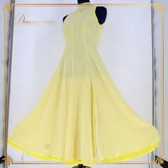 社交ダンス 衣装 スタンダード ドレス ワンピース パーティ衣装 女性用 レディース オールシーズン PAPILLON パピヨン 水玉 ドット イエロー系 黄色 袖なし ノースリーブ フレッシュデザイン 伸縮性無し 日本製 パーティ用 個性的 スリット